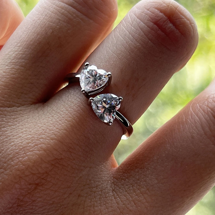 AnuJewel Coração Corte Moissanite Anel, 2 Quilate, Total D Cor, 925 Sterling Silver, Dois Pedra, Noivado, Casamento, Atacado
