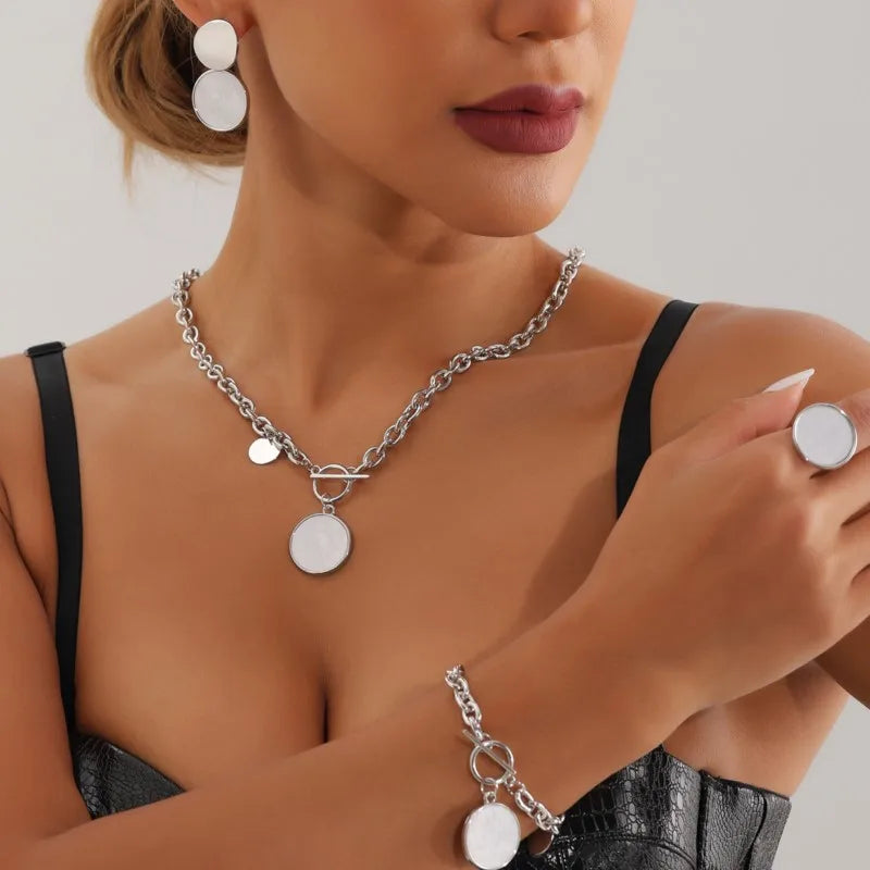 Conjuntos de Jóias Pingente Branco Concha para Mulheres, Colar na Moda, Pulseira, Brincos, Anel, Presentes de Casamento, Luxo Leve, 5Pcs, Conjunto
