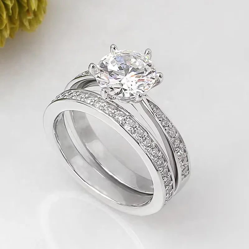 925 prata esterlina brilhante 6 garras zircônia cúbica anéis conjunto para mulheres elegante lindo 2 pçs/set casamento banda jóias na moda