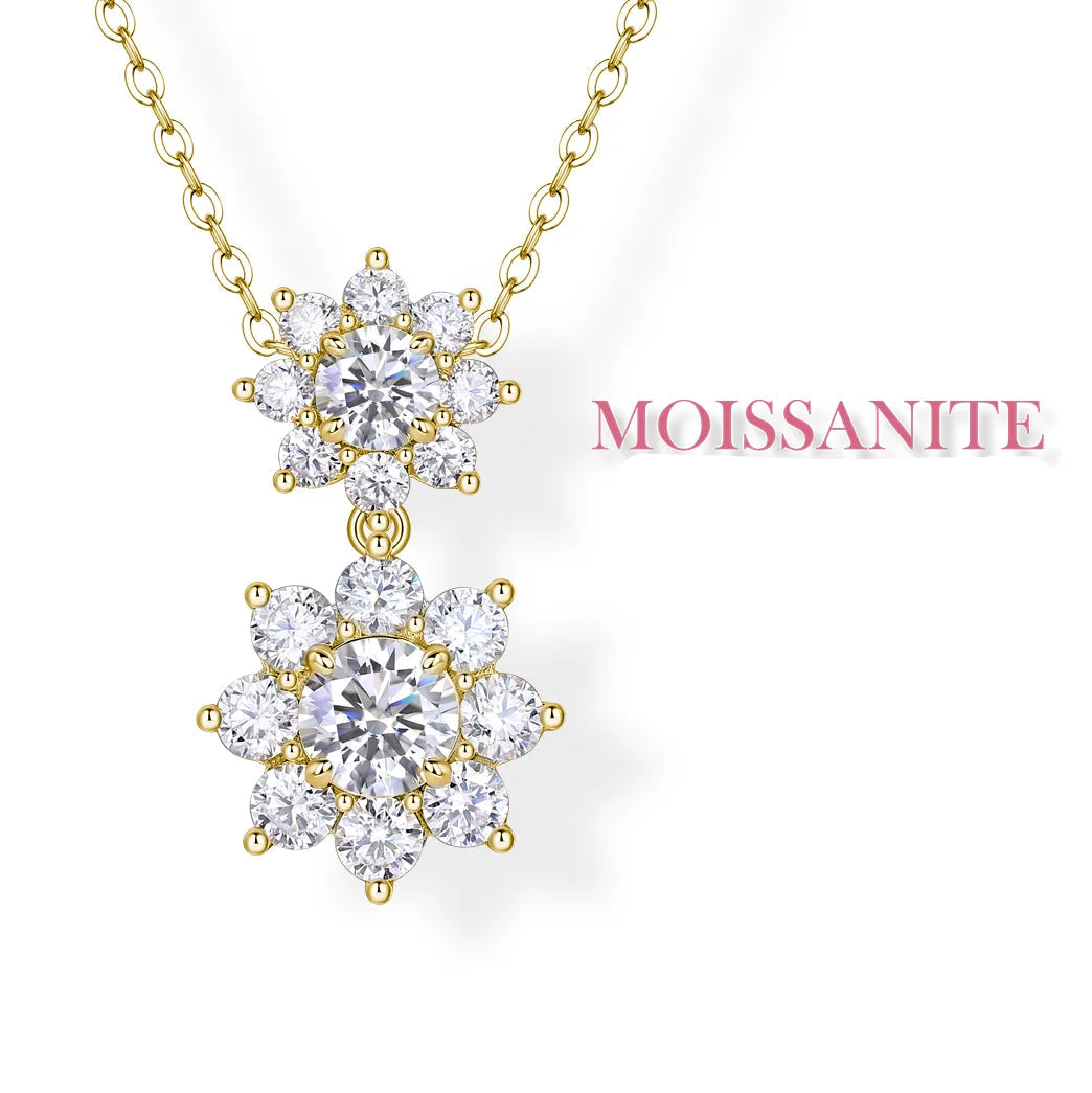 Colar com pingente de moissanite floral duplo de 3,6 quilates – prata S925 banhada a ouro 18K, elegância em flor, perfeito para momentos preciados