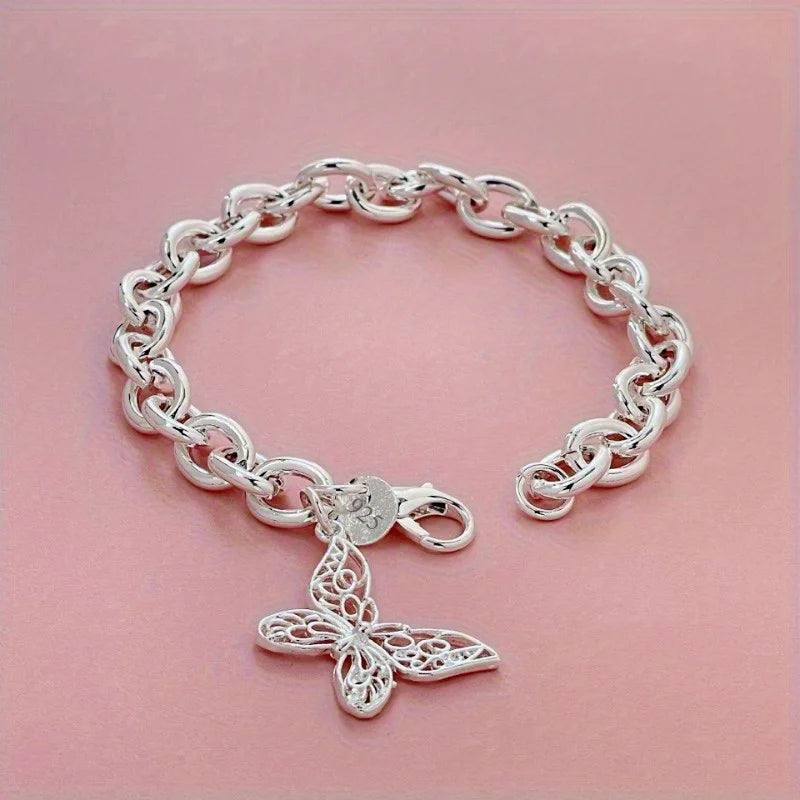 Bonito 925 prata esterlina borboleta pulseira para mulheres senhora homens diy novo popular original jóias de casamento presentes do dia dos namorados